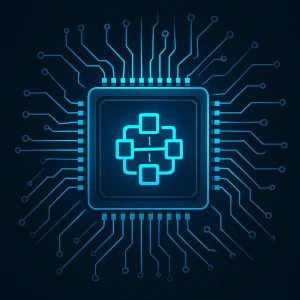 Glowing microchip with digital circuitry patterns symbolizing secure IoT blockchain connectivity.