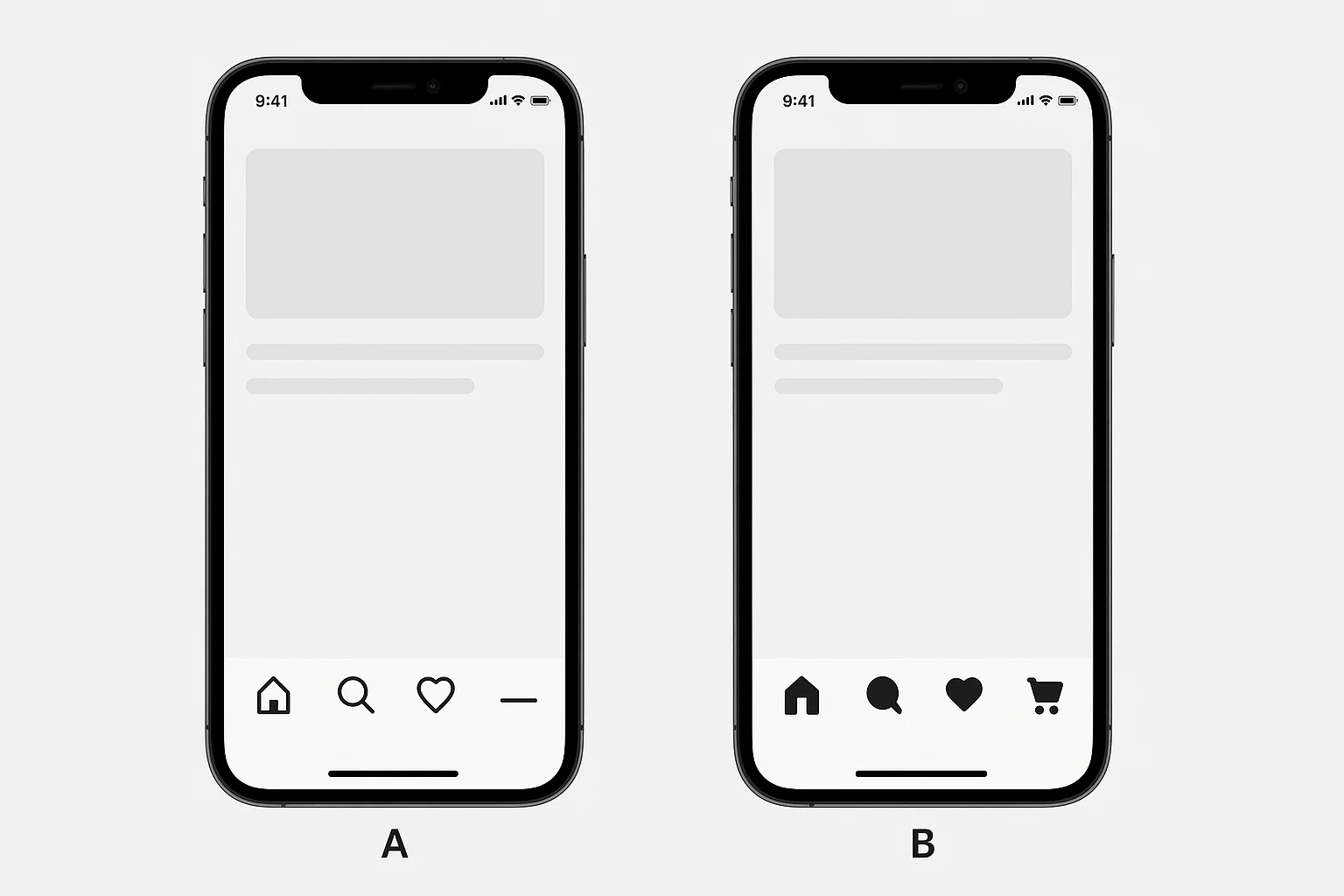 Side-by-side mobile screens showing A/B test of different icon styles, comparing outline icons with filled icons to test user clarity.