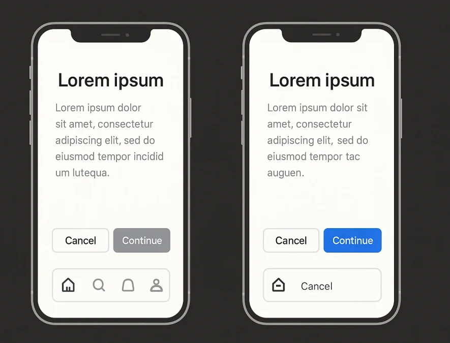 Side-by-side app screens comparing button size, color, and placement, with one muted gray button and one bright blue “Continue” button.