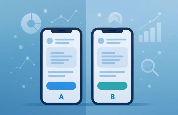 Two smartphone screens side by side showing different app designs being compared for A/B testing, with abstract graphs and analytics icons in the background.