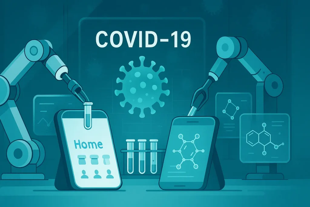 Futuristic laboratory with robotic arms analyzing test tubes, holographic molecular screens, and a glowing coronavirus symbol at the center with the text “COVID-19” above it.