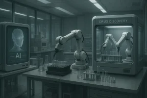 Futuristic laboratory with AI-powered robotic arms analyzing test tubes for drug discovery.