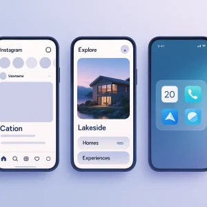 Three smartphone mockups side by side showing Instagram’s clean feed, Airbnb’s immersive redesign, and Apple’s liquid glass translucent interface, set against a minimal gradient background.