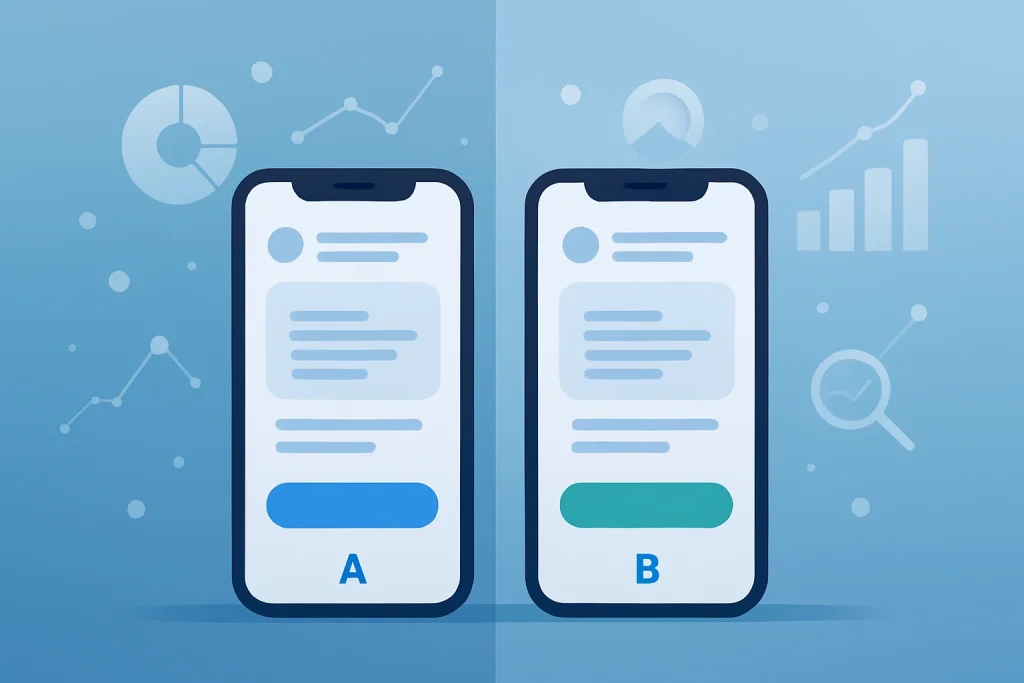 Two smartphone screens side by side showing different app designs being compared for A/B testing, with abstract graphs and analytics icons in the background.