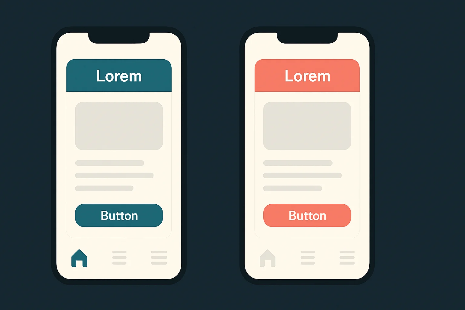 Side-by-side mobile screens showing the same interface with different accent color schemes — one in blue and one in coral — for A/B testing.