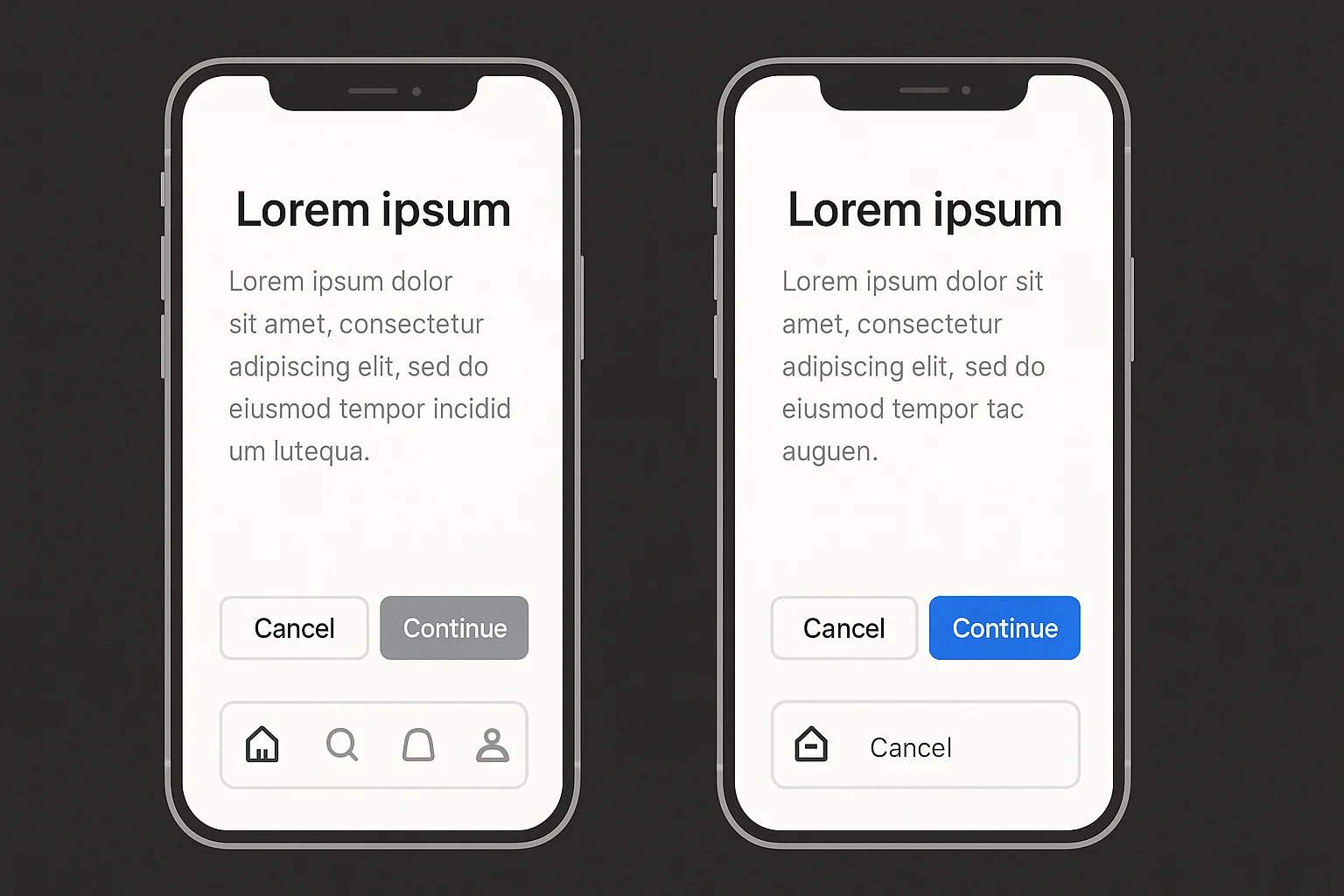 Side-by-side app screens comparing button size, color, and placement, with one muted gray button and one bright blue “Continue” button.