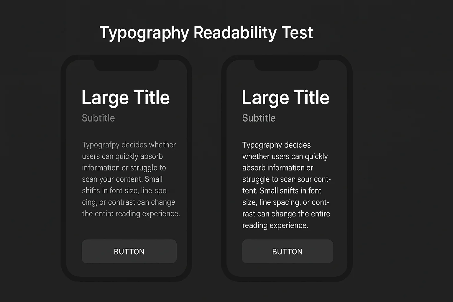 Two mobile design screens side by side comparing font size, line spacing, and color contrast to test readability and legibility.