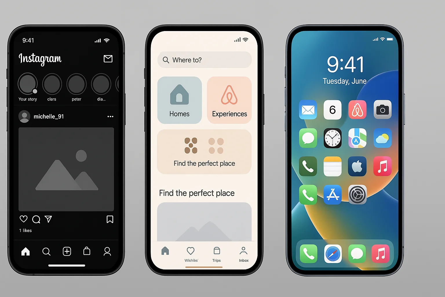 Three smartphone mockups side by side showing clean Instagram feed, immersive Airbnb redesign, and Apple’s futuristic liquid glass interface in realistic UI style.