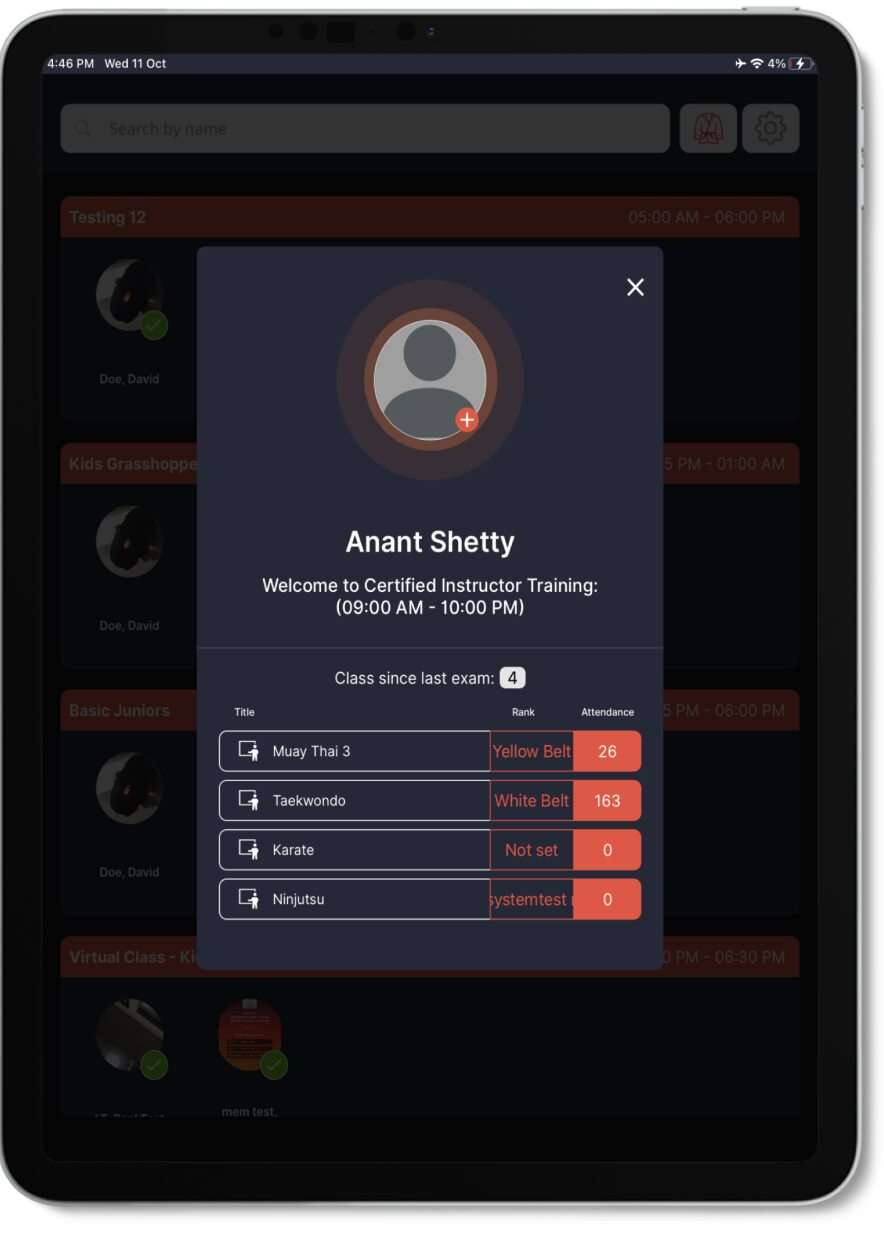 Spark Kiosk student attendance app profile screen of Anant Shetty with class progress and belt levels.