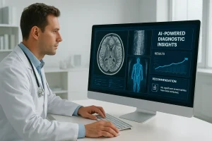 Doctor reviewing MRI scans with AI-assisted diagnostic system on screen.