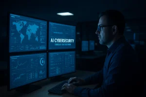 Cybersecurity professional monitoring AI-driven threat detection dashboards in a control room.