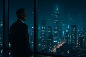 Business leader overlooking a futuristic city skyline representing the future of AI adoption.