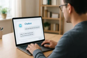 Customer using an AI chatbot on laptop for instant support at home.