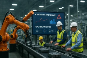 Robotic arms in a smart factory with AI dashboard showing predictive maintenance data.