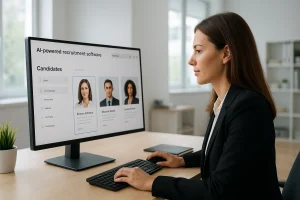 HR professional using AI-powered recruitment system to screen resumes.