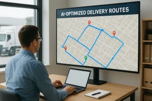 Logistics manager using AI-powered system to optimize delivery routes.