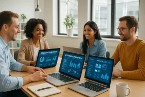 Marketing professionals using AI-powered tools for campaign targeting and content creation.