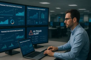 Bank analyst using AI system to detect fraud across financial transactions.