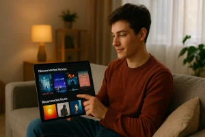 User browsing AI-personalized movie and music recommendations on tablet.