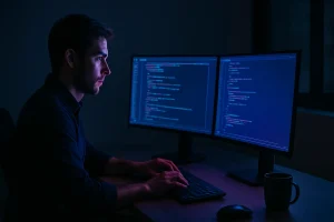 Developer in dim office coding on glowing monitors with futuristic AI interface, representing vibe coding.
