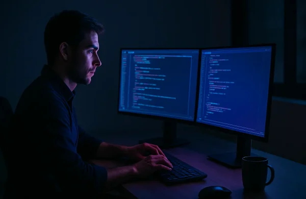 Developer in dim office coding on glowing monitors with futuristic AI interface, representing vibe coding.