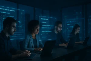 Developers using futuristic coding interfaces, representing the future of vibe coding.