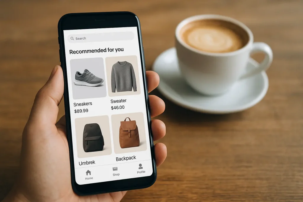 Customer browsing personalized AI-powered shopping reommendations on smartphone.”