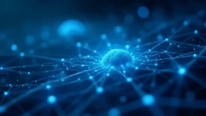 Generative AI visualized through a glowing abstract neural network with interconnected nodes and digital light effects.