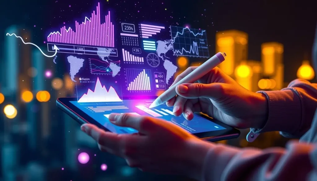 Person using a digital tablet with AI-powered marketing analytics, graphs, and charts displayed in a futuristic interface.