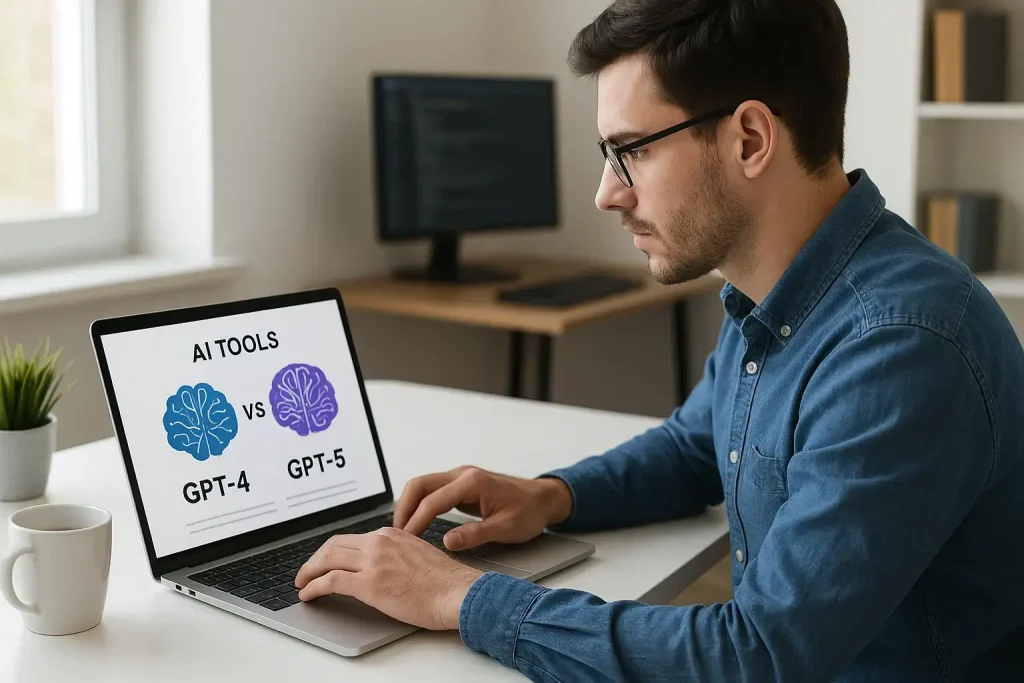 A young man wearing glasses and a blue shirt working on a laptop at a modern desk, with the screen displaying an AI tools comparison between GPT-4 and GPT-5.