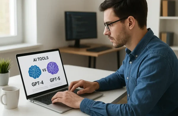 A young man wearing glasses and a blue shirt working on a laptop at a modern desk, with the screen displaying an AI tools comparison between GPT-4 and GPT-5.