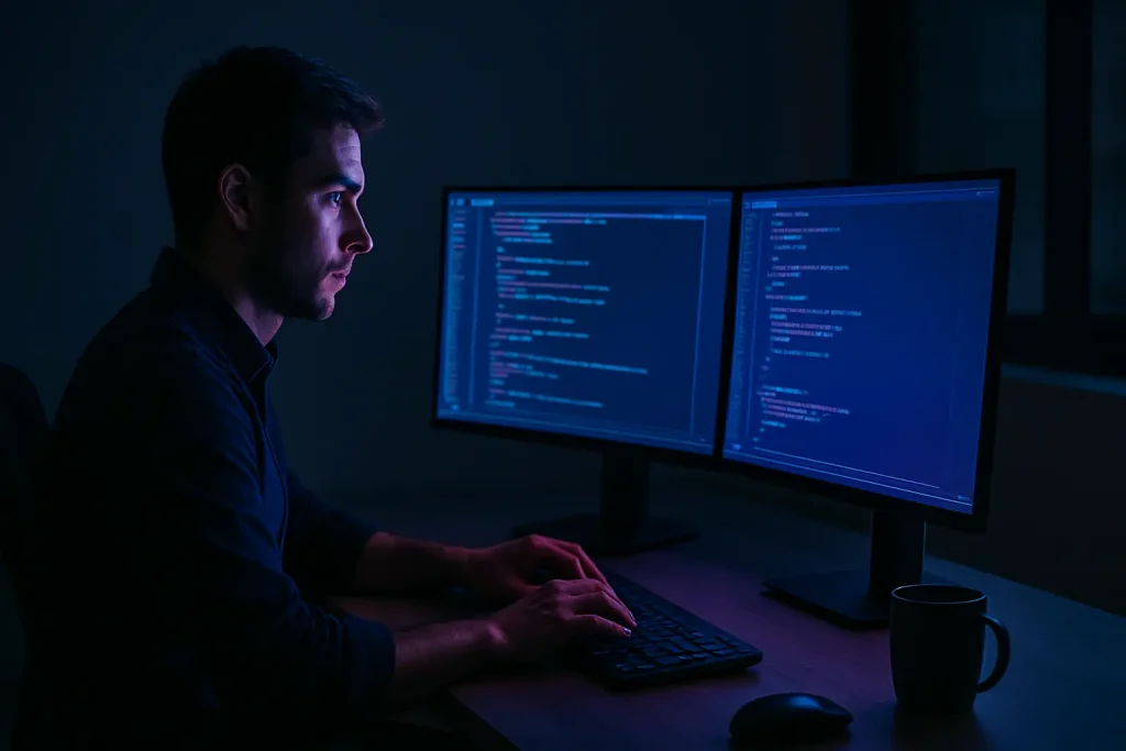 Developer in dim office coding on glowing monitors with futuristic AI interface, representing vibe coding.
