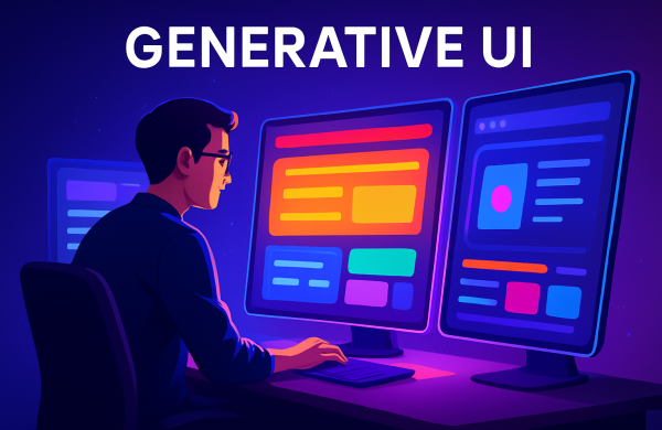 A digital illustration of a man working on multiple glowing screens, where vibrant Generative UI designs are being created in real time with colorful layouts and interactive elements.