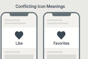 Side-by-side mobile app screens showing a heart icon used as “like” in one app and “favorites” in another.