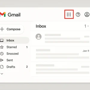 Gmail desktop interface highlighting the confusing app grid icon in the top-right corner.