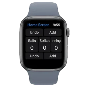 Umpire’s Clicker Watch App – smartwatch mockup showing Home Screen with balls, strikes, outs counters and “Umpire Safe” button.