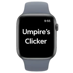 Umpire’s Clicker Watch App – smartwatch mockup showing Score Screen with Home and Away team scores displayed over three innings.