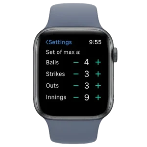 Umpire’s Clicker Watch App – smartwatch mockup showing Settings Screen with adjustable maximum numbers for balls, strikes, outs, and innings.