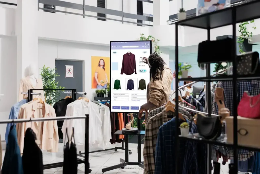Futuristic retail store showcasing AI technology with smart shelves, digital price tags, robots assisting customers, and personalized recommendations on screens