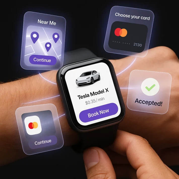 Car Share Watch App – smartwatch on wrist showing Tesla Model X booking screen with floating UI screens for Near Me, Choose Card, and Accepted.