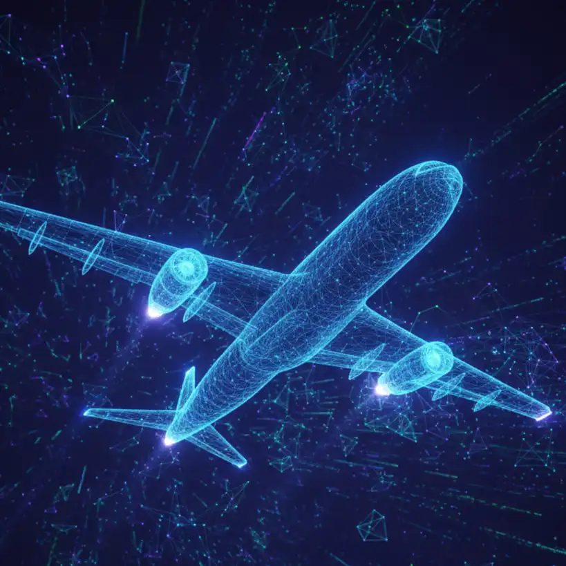 Futuristic digital wireframe airplane with neon blue holographic design representing AI in the travel industry and smart aviation technology