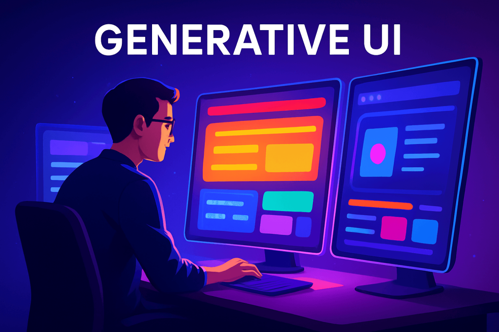 A digital illustration of a man working on multiple glowing screens, where vibrant Generative UI designs are being created in real time with colorful layouts and interactive elements.