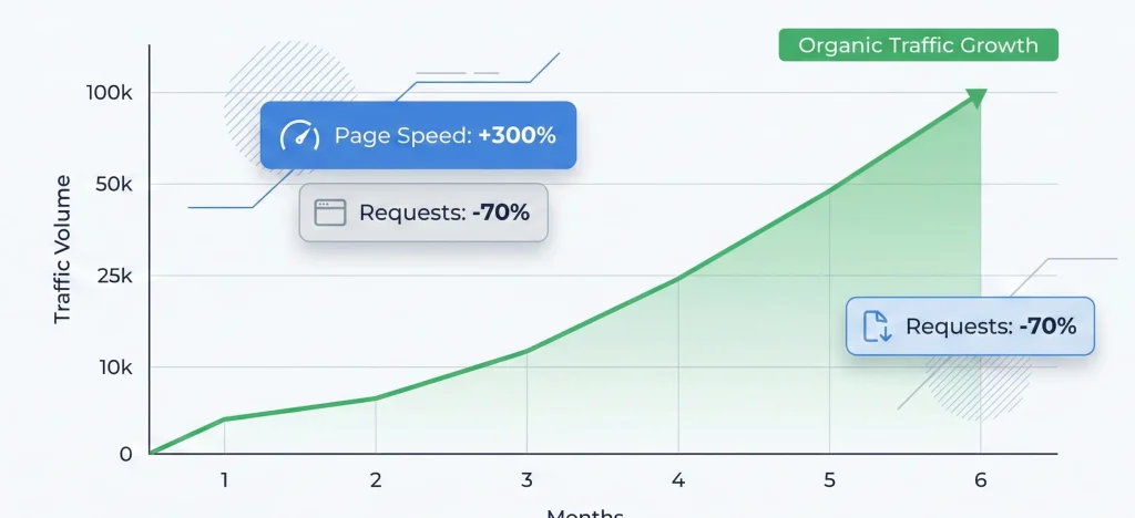 A professional line chart visualization showing a sharp upward trend in organic traffic over a six-month period. The graph features a vibrant green growth line on a clean white background with modern blue and grey accents. Floating data widgets alongside the chart display key technical improvements: "Page Speed: +300%" and "Requests: -70%.