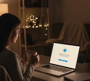 A woman sits at night in a softly lit room, holding a mug and looking at her laptop. The laptop screen displays a chatbot interface with a welcoming message and input fields, symbolizing readily available customer support through technology in a cozy home environment.