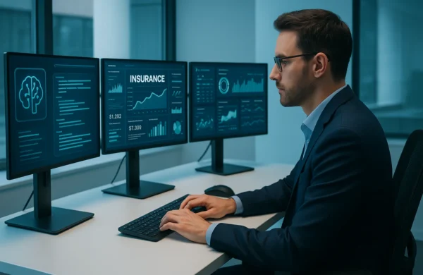 A professional man in a modern office surrounded by glowing blue holographic screens displaying AI analytics, insurance dashboards, and data insights — representing an advanced AI use cases in insurance and innovation by Techelix.