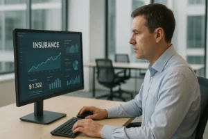 Realistic image of an insurance analyst working on a computer displaying data charts and analytics in a modern corporate office, illustrating technology-driven decision-making with clean lighting and a professional tone. 
