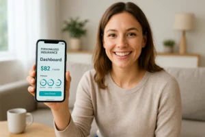 Realistic photo of a smiling woman sitting in a bright living room holding a smartphone facing the camera, clearly showing a personalized insurance dashboard with pricing and coverage details, representing fairness and modern digital insurance experience.