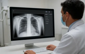 A medical professional in a white lab coat and mask studies a chest X-ray on a computer monitor in a hospital radiology room, using AI-powered deep learning technology to detect potential signs of pneumonia or abnormalities.