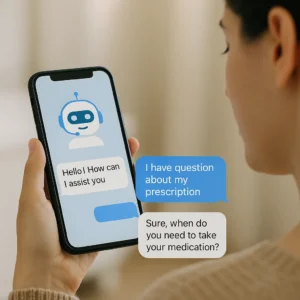 A woman chats with a virtual healthcare assistant on her smartphone, viewing friendly messages about prescriptions and medication reminders in a warm indoor setting.