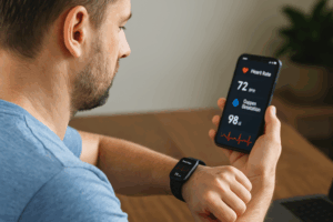 A man checks his smartwatch and smartphone showing heart rate and oxygen stats, representing AI-powered wearable technology for real-time remote patient monitoring.